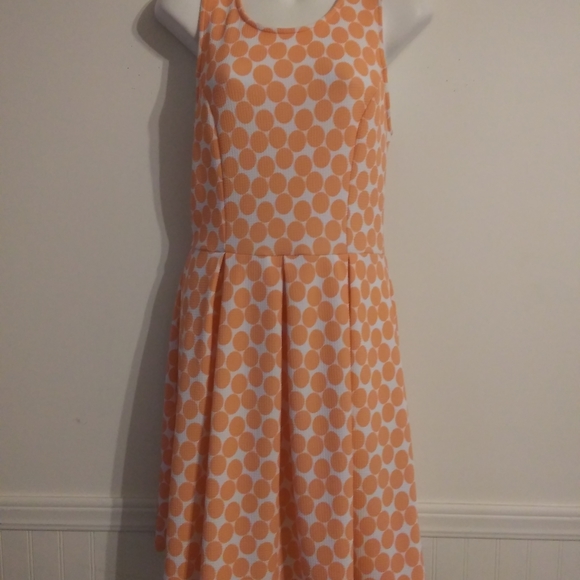 🧡 EZRA: Peach Polka Dot Fit & Flare Dress Large - Picture 2 of 8